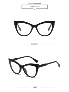Front and side views of sand black cat-eye glasses frames with classic retro styling
