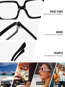 Detailed close-up of square glasses frame featuring reinforced hinges and ergonomic nose pads