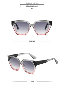 Detail view of two-tone polygon sunglasses with grey-pink frames and gradient lenses