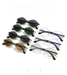 Collection of geometric metal frame sunglasses in various lens colors with sharp shadows