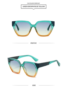 Detail view of two-tone geometric sunglasses with C4 green-black frame and gradient lenses