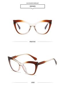 Detail view of brown gradient cat-eye glasses frames with metallic hinge reinforcement