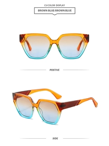 Detail view of large polygon sunglasses with brown to blue gradient frames and lenses