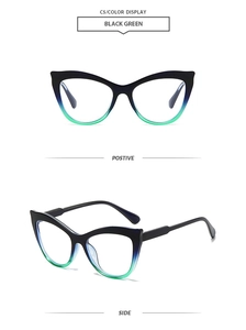 Detail view showing black green gradient cat eye frames with polished finish