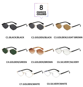Matrix display of vintage geometric metal sunglasses in eight various color options