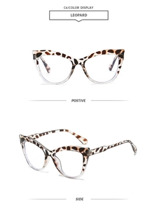 Detailed views of leopard print cat eye glasses frames with metal hinges and sleek finish