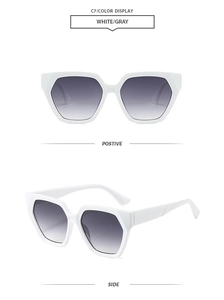 Detailed front and side views of white polygon sunglasses with grey gradient lenses
