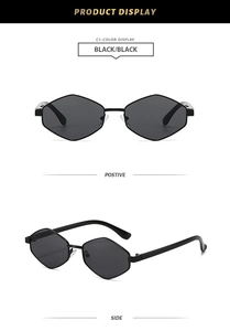Detailed view of trendy geometric black sun glasses with slim metal temples and diamond frames