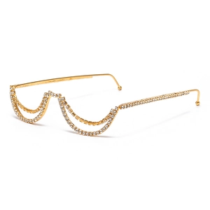 Trendy semi-rimless gold metal frame glasses with double-layered sparkling rhinestones