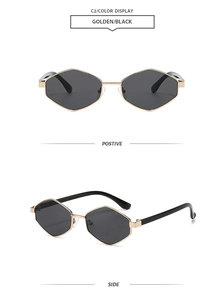 Detail view showing front and side of golden geometric diamond frame sunglasses