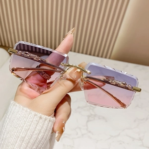 Frameless gradient purple sunglasses with golden metal leopard and jagged cut lenses