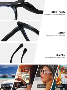 Detail view of black frame glasses showing nose pads, metal hinges and lifestyle scenarios