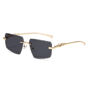 Frameless rectangle sunglasses with leopard leopard-head gold metal temples