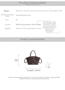 Detailed size chart for retro brown PU tote bag showing dimensions 24x8x20 cm and strap info