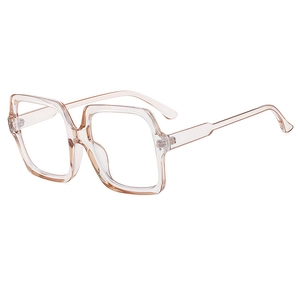 Retro oversized square blue light blocking glasses in transparent pink plastic frame