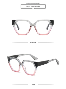 Detail view of C11 geometric chunky sunglasses with gray-pink gradient lenses and white frame