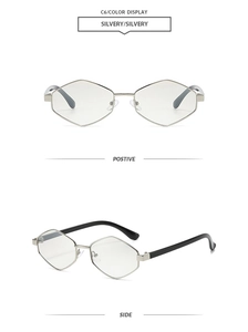 Detailed views of geometric silver metal frame sunglasses with unique hexagonal lenses