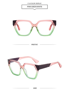 Detailed front and side view of pink green gradient geometric polygon sunglasses