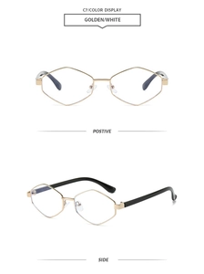 Detail view of golden diamond metal sunglasses with black temples in front and side views