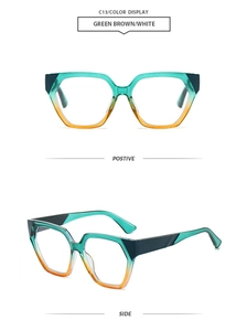 Macro view of geometric hexagonal sunglasses in green brown and white gradient finish