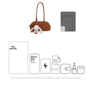 Brown suede Boston bag capacity guide showing space for phone, umbrella and accessories