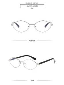 Detail view of silver geometric diamond metal sunglasses frame from front and side angles