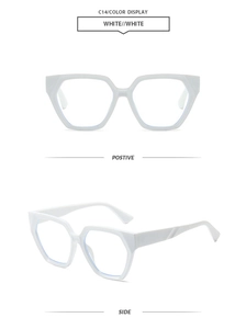 Detailed views of white chunky hexagonal sunglasses frames in front and side profiles