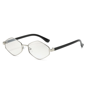 Retro diamond-frame metal sunglasses with silver hexagonal rims and black temples