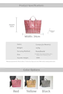 Detailed size chart for the large checkered canvas tote bag with specific dimensions