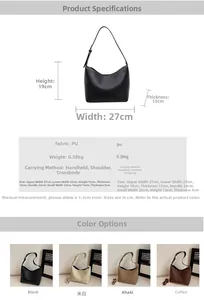 Size chart and specifications for vintage bucket bag with four color options