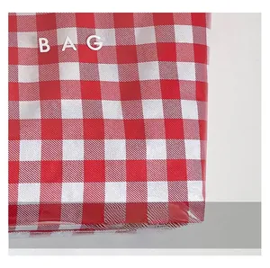Detail of red and white checkered tote bag featuring a bold BAG print and quality stitching
