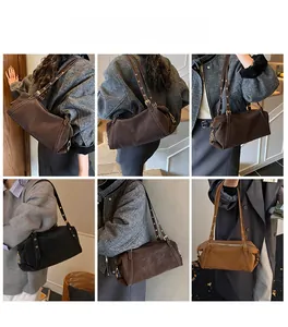 Collage of model wearing vintage suede-style Boston bags with adjustable shoulder straps