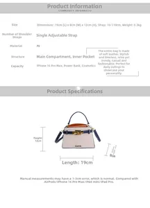 Detailed size chart for the PU leather handbag showing 19cm length and adjustable strap
