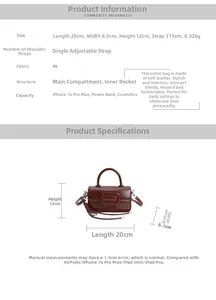 Detailed size specifications for vintage brown PU leather crossbody bag and dimensions