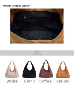 Détails de la poche zippée et quatre options de couleurs pour le grand sac en daim