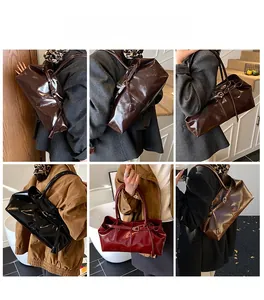 Detail view of glossy faux leather tote bags in multiple colors for shoulder wear