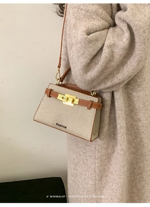 Detail of minimalist retro canvas bag with leather trim and gold twist-lock closure