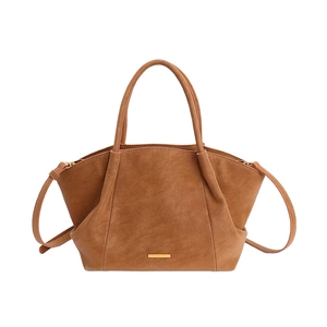 Brown vintage pleated tote bag with large capacity and elegant gold metal trim