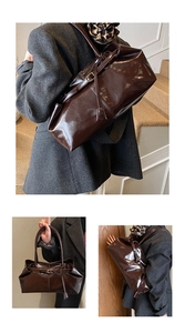 Three-way view of a vintage dark brown oil wax leather tote bag shown in styled carry shots