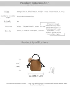 Detailed size chart for the brown drawstring bucket bag with dimensions and capacity info