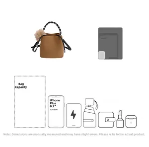 Detailed internal capacity view of the brown knit bucket bag showing item fit for daily use