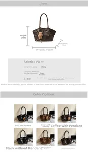 Detailed dimension chart and material specs for the PU leather bucket tote bag