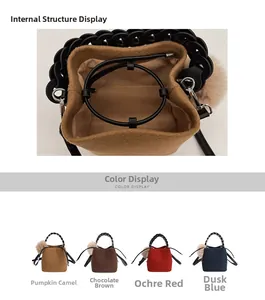Detail of felt bucket bag interior with drawstring and four available color options