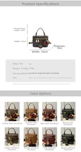 Detail view of stylish quilted PU leather box bag showing dimensions and color variants