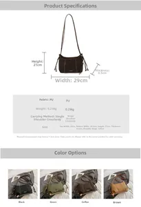 Detailed size specifications for the PU leather shoulder bag with dimensions and multi-color view