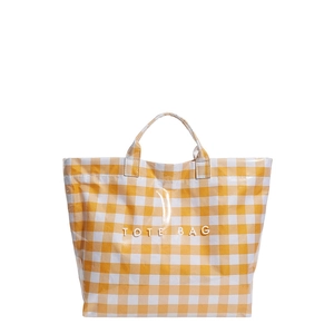 Yellow gingham check tote bag with white TOTE BAG text and glossy finish for daily commute