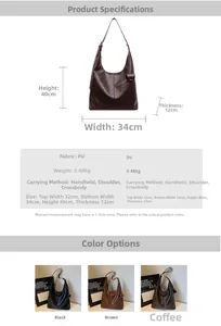 Detailed size chart and multi-color options for a large vintage PU hobo tote bag