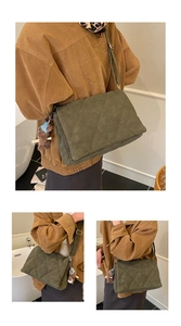 Detail of olive green quilted crossbody bag with soft texture and cute teddy bear charm