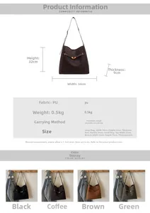 Size chart showing large and small PU leather bucket bag dimensions and carry options