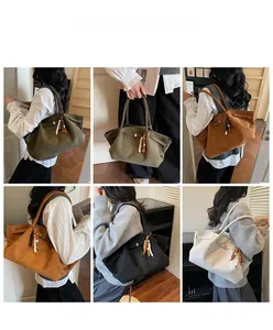 Detailed views of high-capacity tote bag in four colors with bead tassels and buckle details